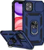 A blue iPhone 12 Mini case with a sliding camera cover and a ring holder stand is shown from multiple angles against a white background. Produktbild-Vorschau