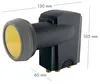 A close-up studio shot of a satellite LNB with dimensions indicated. Produktbild-Vorschau