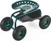 A green garden seat with four wheels and a storage tray is shown against a white background. Produktbild-Vorschau
