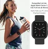 A woman in athletic wear holding a water bottle, with an Apple Watch case shown on her wrist and a separate product image of the case. Produktbild-Vorschau