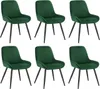 A set of six green upholstered dining chairs with black metal legs, arranged in two rows. Produktbild-Vorschau