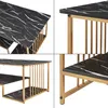 Collage of four close-up shots of a black marble-look coffee table with gold-colored metal legs and supports. Voir les images du produit