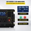 Close-up view of an inverter's control panel and display, with callouts highlighting features. Produktbild-Vorschau