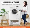 A woman is holding a laundry basket next to a washing machine that is elevated by a stand. Voir les images du produit