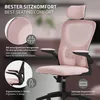A pink ergonomic office chair with close-up details and feature descriptions. Produktbild-Vorschau