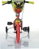 A front view of a child's bicycle with training wheels, featuring cartoon characters on the handlebar shield. Produktbild-Vorschau