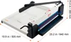 A VEVOR paper cutter is shown from a diagonal angle on a white background, with dimensions indicated by lines and text. Produktbild-Vorschau
