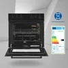 A black oven with its door open, set against a light gray and white background. An energy efficiency label and a volume indicator are visible on the right side. Produktbild-Vorschau
