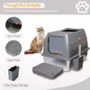 A cat sitting next to a modern litter box with various accessories and close-up views of its features. Náhľad obrázku produktu