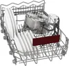 A close-up view of the interior of a dishwasher rack filled with dishes, a pot, and a glass. Produktbild-Vorschau