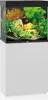 A black and white aquarium with fish and plants inside, placed on a white cabinet. Podgląd zdjęcia produktu