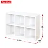 A white wooden shelf unit with six compartments, shown against a white background with dimensions indicated. Náhled obrázku produktu