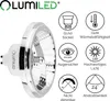 A product image of a LUMILED LED bulb with several feature icons and text. Produktbild-Vorschau