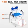 A shower chair with adjustable height and armrests, with text overlay highlighting its features. Podgląd zdjęcia produktu