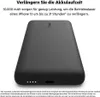 A black power bank is shown from a diagonal angle, with marketing text above it. Produktbild-Vorschau