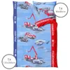 A flat lay of a blue duvet cover with a police and fire truck motif. Produktbild-Vorschau