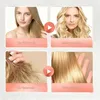 A collage of four images showing before and after results of a hair styling product. The top row shows a woman's hair before and after styling, and the bottom row shows a close-up of damaged hair before and after treatment. Produktbild-Vorschau