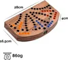 A wooden board game with colored playing pieces and dimensions indicated. Náhled obrázku produktu