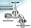 A close-up studio shot of a silver faucet with descriptive text overlays. Produktbild-Vorschau