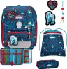 A collection of school supplies including a backpack, pencil case, and drawstring bag, all featuring a blue floral pattern with a unicorn motif. Voir les images du produit