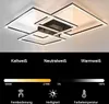 A modern LED ceiling light with multiple square frames, showing different light color temperatures and brightness controls. Voir les images du produit