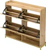 A wooden shoe cabinet with four flip-down doors and a gold metal frame. Voir les images du produit