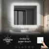 A bathroom mirror with LED lighting is shown in a modern bathroom setting, with text overlays highlighting features. Produktbild-Vorschau