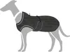 A black dog coat with a brick pattern is shown on a grey silhouette of a dog. Produktbild-Vorschau