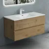 A modern bathroom vanity with a sink and faucet, mounted on a gray wall. Produktbild-Vorschau