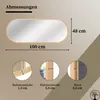 A diagram showing the dimensions and details of an oval mirror with a wooden frame. Produktbild-Vorschau