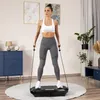 A woman is exercising on a vibration plate in a living room. Voir les images du produit