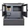 A front view of a dark gray wood-burning stove with its doors open. Produktbild-Vorschau