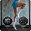 A person jumping on a trampoline, with close-up insets showing fabric features. Produktbild-Vorschau