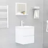 A clean and modern bathroom scene featuring a white vanity with a sink and faucet, a mirror, and a towel rack. Produktbild-Vorschau