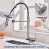 A kitchen faucet with pull-down sprayer, shown with close-up views of the sprayer head and water flow, and a person demonstrating how to attach the hose. Podgląd zdjęcia produktu