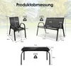 A diagram showing the dimensions and weight capacity of a patio furniture set, including two chairs, a bench, and a coffee table, set against a blurred background of palm trees. Náhľad obrázku produktu