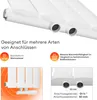 Close-up view of a white radiator with text and icons describing its features and specifications. Produktbild-Vorschau