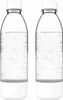Two clear plastic bottles with white caps and bases, filled with sparkling water. Produktbild-Vorschau