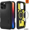 A black Spigen Tough Armor MagSafe case for an iPhone 16 Pro Max is shown from the front and back, with the interior lining highlighted in yellow. Produktbild-Vorschau