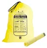 A yellow garbage bag with a label and a rolled-up garbage bag next to it, on a white background. Produktbild-Vorschau