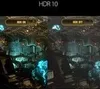 A split image showing a comparison of HDR 10 ON and HDR 10 OFF settings on a monitor, displaying a futuristic, dimly lit environment with glowing blue elements. Produktbild-Vorschau