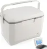 A white cooler box with a gray trim and handle, shown on a white background. A smaller inset image shows the lid open with an ice pack inside. Podgląd zdjęcia produktu