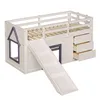 A white wooden loft bed with a slide and drawers, shown from a three-quarter angle against a white background. Náhled obrázku produktu
