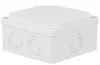 A white junction box with multiple circular knockouts on its sides, shown from a three-quarter angle against a white background. Produktbild-Vorschau