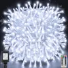 A coiled string of white LED lights with a black power adapter and a remote control. Produktbild-Vorschau