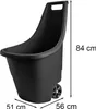 A black garden cart with wheels and a handle, shown from a side-angle with dimensions indicated. Náhled obrázku produktu