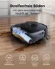 A robotic vacuum cleaner with its internal workings displayed, cleaning a spill on a wooden floor. Icons with text detailing its features are at the bottom. Náhled obrázku produktu