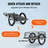 A diagram showing a bicycle trailer in two states: folded and unfolded, with callouts highlighting features. Produktbild-Vorschau