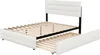A white upholstered bed frame with a pull-out trundle bed, shown from a slightly elevated side angle against a white background. Produktbild-Vorschau