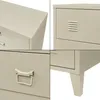 A collage of four close-up shots of a metal cabinet, showing different details. Produktbild-Vorschau